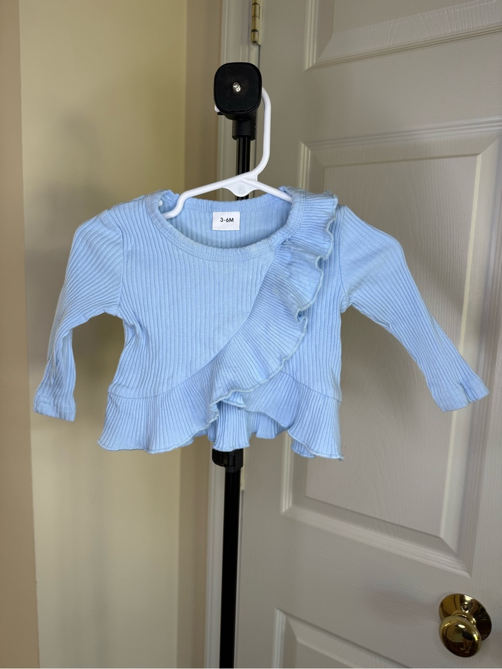 Baby Light Blue Ribbed Long-Sleeve Top with Ruffle Detail